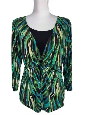 Choices Abstract Print Ring Detail Faux Layered Stretch Top Women Medium
